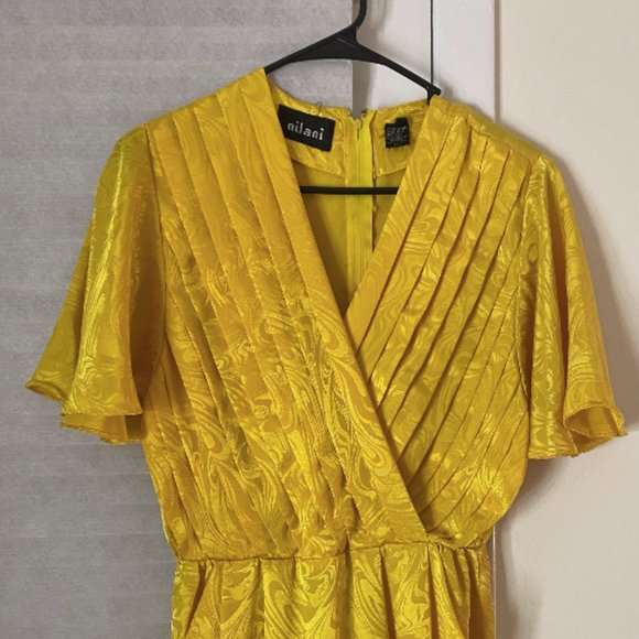 Yellow Patterned Wrap Dress Midi with Pockets - Picture 1 of 5